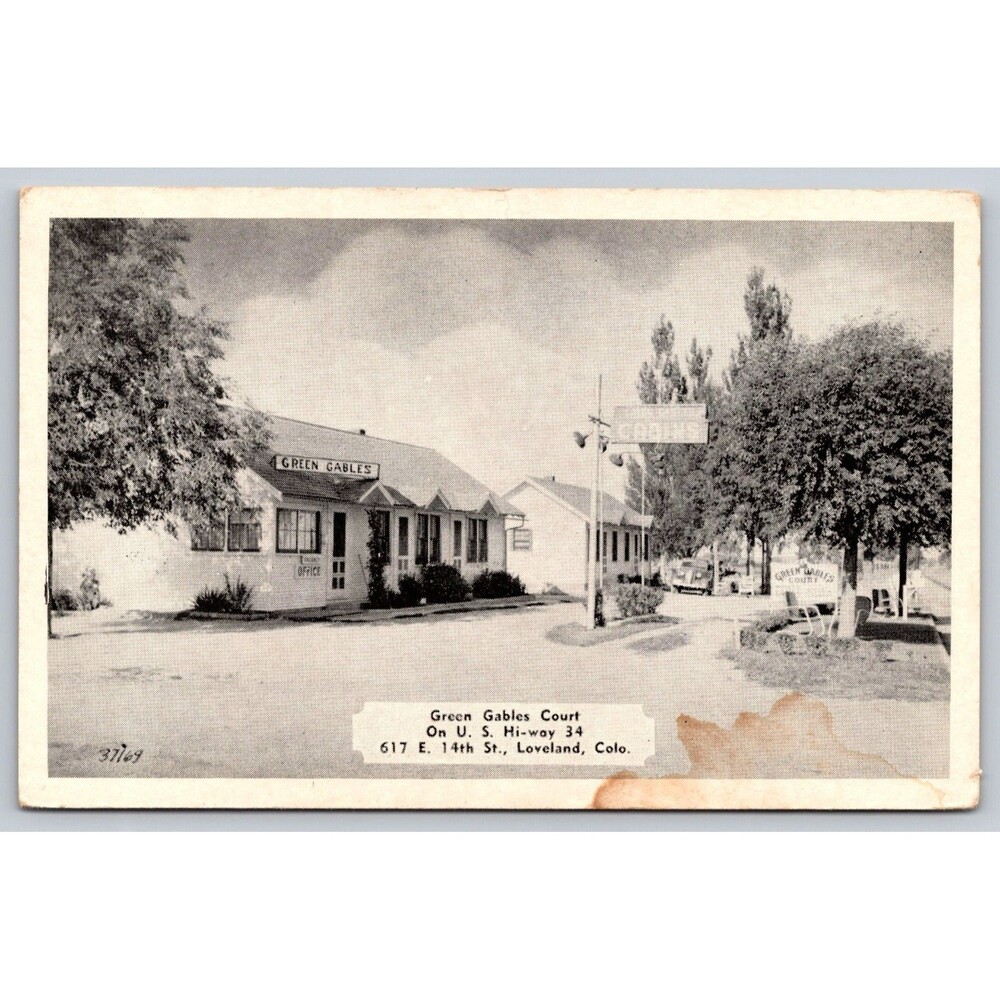 1940s Loveland Colorado Green Gables Court Motel Sign US Hwy 34 Postcard CO Vtg